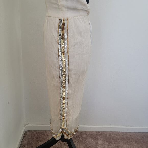 Vintage 90s Saks Fifth Avenue 100% Pure Silk Sequin Maxi Dress Beige Cream Sz 6 - Picture 9 of 16